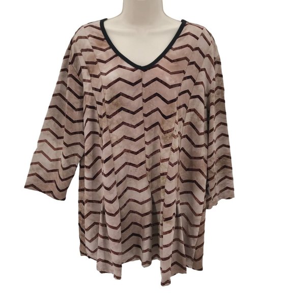 Shannon Ford New York Womens Brown Tan Geo Zig Zag Print V Neck Peplum Blouse 1X - Picture 1 of 12